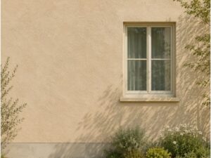 植物が映えるベージュの外壁テクスチャ